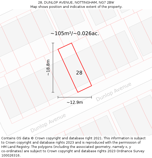 28, DUNLOP AVENUE, NOTTINGHAM, NG7 2BW: Plot and title map