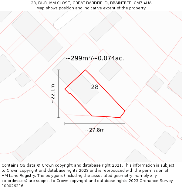 28, DURHAM CLOSE, GREAT BARDFIELD, BRAINTREE, CM7 4UA: Plot and title map