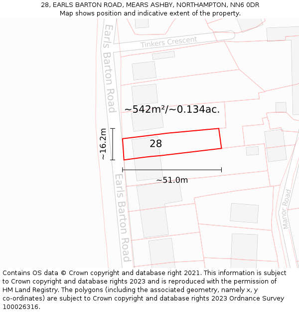 28, EARLS BARTON ROAD, MEARS ASHBY, NORTHAMPTON, NN6 0DR: Plot and title map