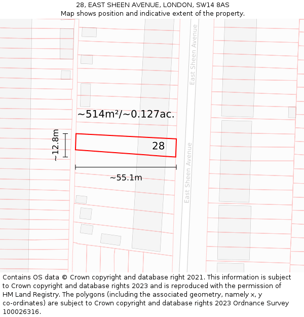 28, EAST SHEEN AVENUE, LONDON, SW14 8AS: Plot and title map