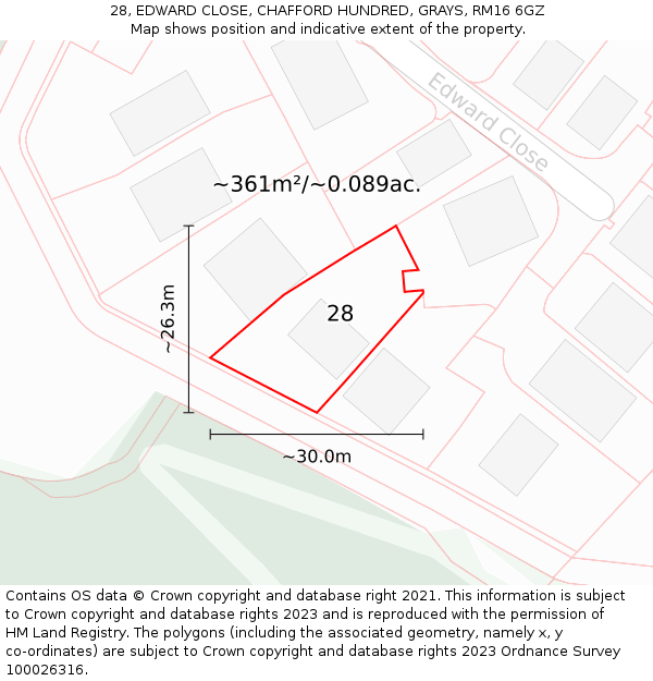 28, EDWARD CLOSE, CHAFFORD HUNDRED, GRAYS, RM16 6GZ: Plot and title map