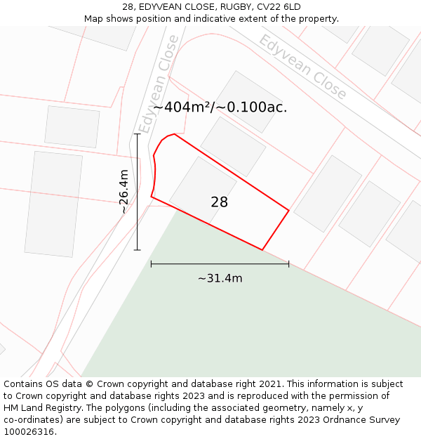 28, EDYVEAN CLOSE, RUGBY, CV22 6LD: Plot and title map