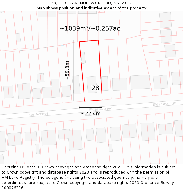 28, ELDER AVENUE, WICKFORD, SS12 0LU: Plot and title map