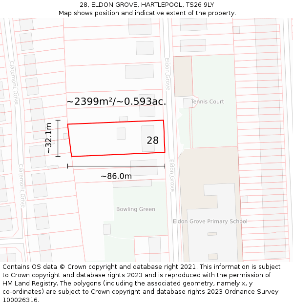 28, ELDON GROVE, HARTLEPOOL, TS26 9LY: Plot and title map