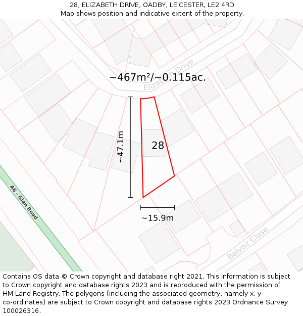 28, ELIZABETH DRIVE, OADBY, LEICESTER, LE2 4RD: Plot and title map