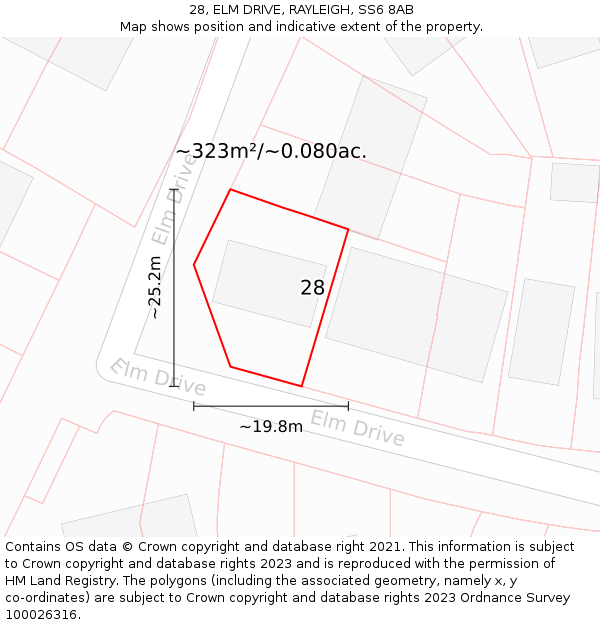 28, ELM DRIVE, RAYLEIGH, SS6 8AB: Plot and title map