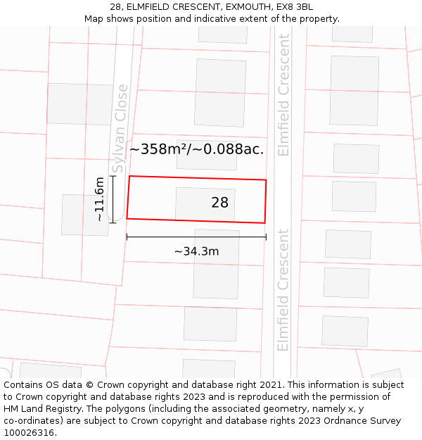 28, ELMFIELD CRESCENT, EXMOUTH, EX8 3BL: Plot and title map