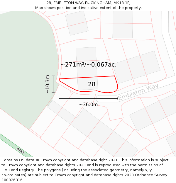 28, EMBLETON WAY, BUCKINGHAM, MK18 1FJ: Plot and title map