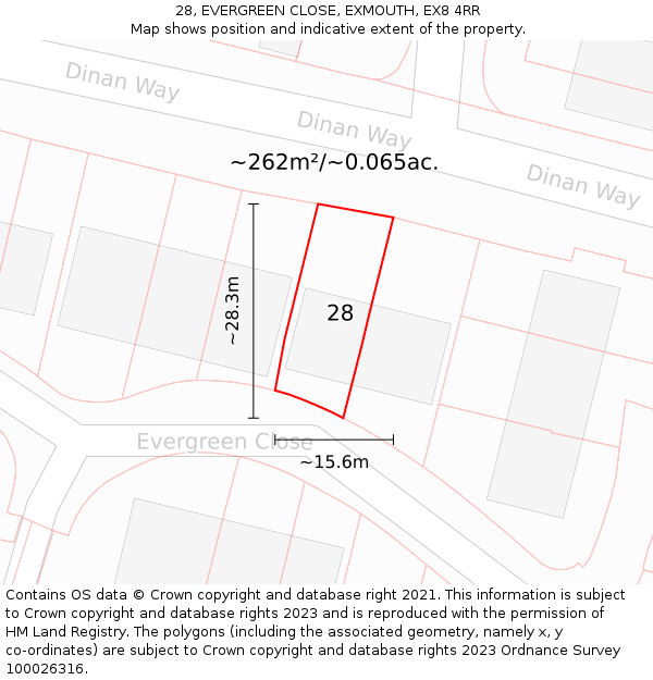 28, EVERGREEN CLOSE, EXMOUTH, EX8 4RR: Plot and title map