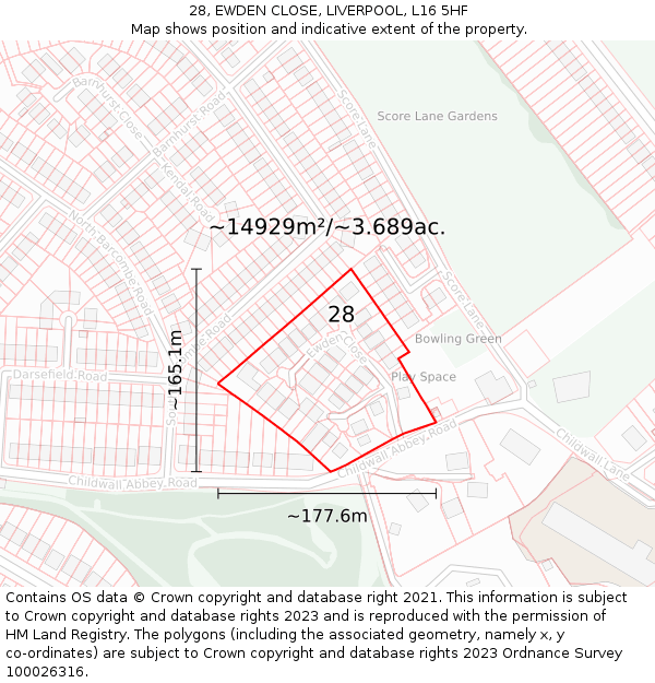 28, EWDEN CLOSE, LIVERPOOL, L16 5HF: Plot and title map