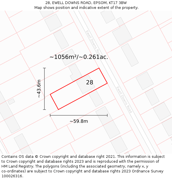 28, EWELL DOWNS ROAD, EPSOM, KT17 3BW: Plot and title map