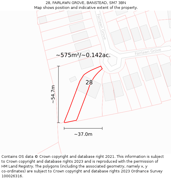 28, FAIRLAWN GROVE, BANSTEAD, SM7 3BN: Plot and title map