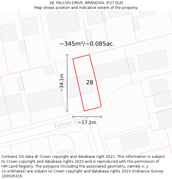 28, FALCON DRIVE, BRANDON, IP27 0UD: Plot and title map