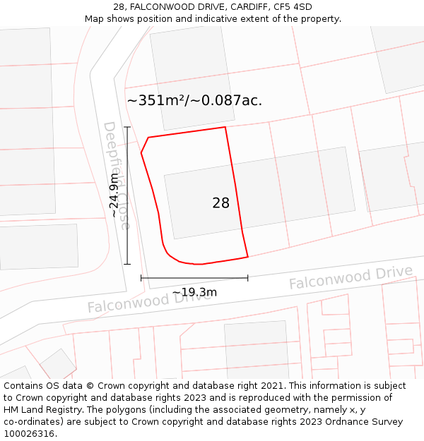 28, FALCONWOOD DRIVE, CARDIFF, CF5 4SD: Plot and title map