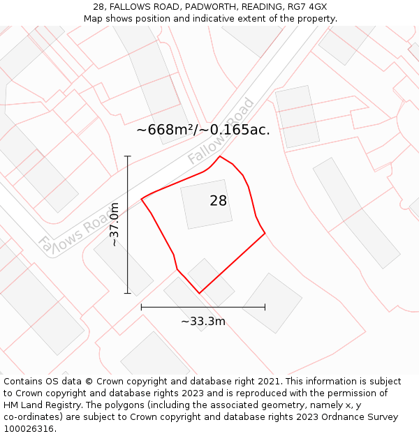 28, FALLOWS ROAD, PADWORTH, READING, RG7 4GX: Plot and title map