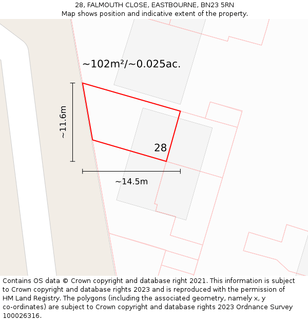 28, FALMOUTH CLOSE, EASTBOURNE, BN23 5RN: Plot and title map