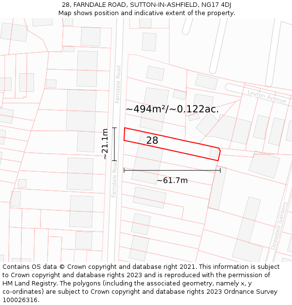 28, FARNDALE ROAD, SUTTON-IN-ASHFIELD, NG17 4DJ: Plot and title map