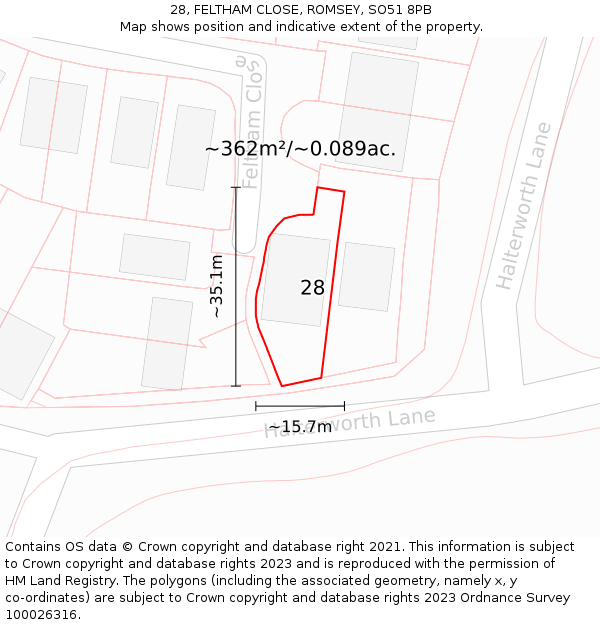 28, FELTHAM CLOSE, ROMSEY, SO51 8PB: Plot and title map