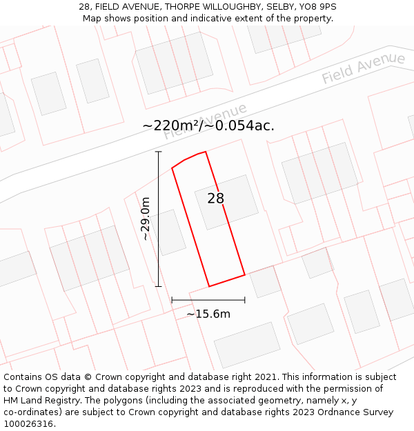 28, FIELD AVENUE, THORPE WILLOUGHBY, SELBY, YO8 9PS: Plot and title map