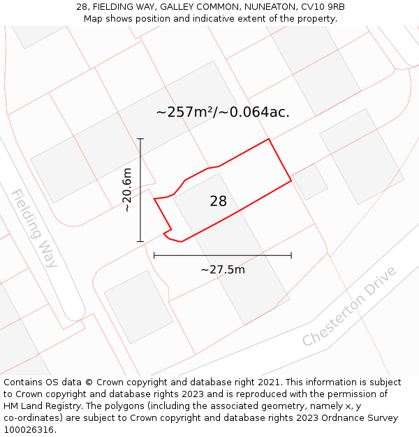 28, FIELDING WAY, GALLEY COMMON, NUNEATON, CV10 9RB: Plot and title map