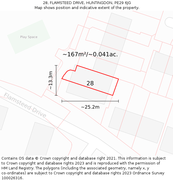 28, FLAMSTEED DRIVE, HUNTINGDON, PE29 6JG: Plot and title map