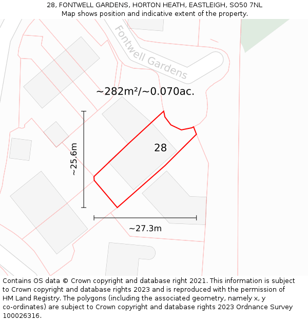 28, FONTWELL GARDENS, HORTON HEATH, EASTLEIGH, SO50 7NL: Plot and title map