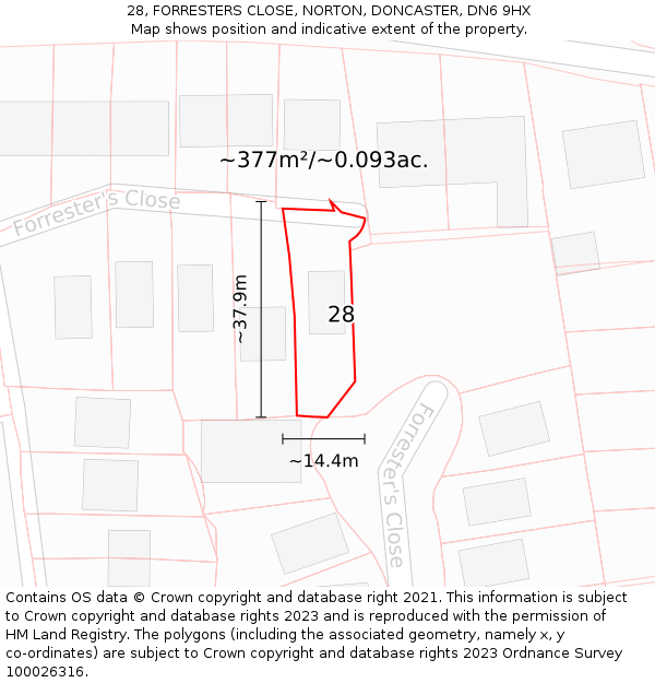 28, FORRESTERS CLOSE, NORTON, DONCASTER, DN6 9HX: Plot and title map