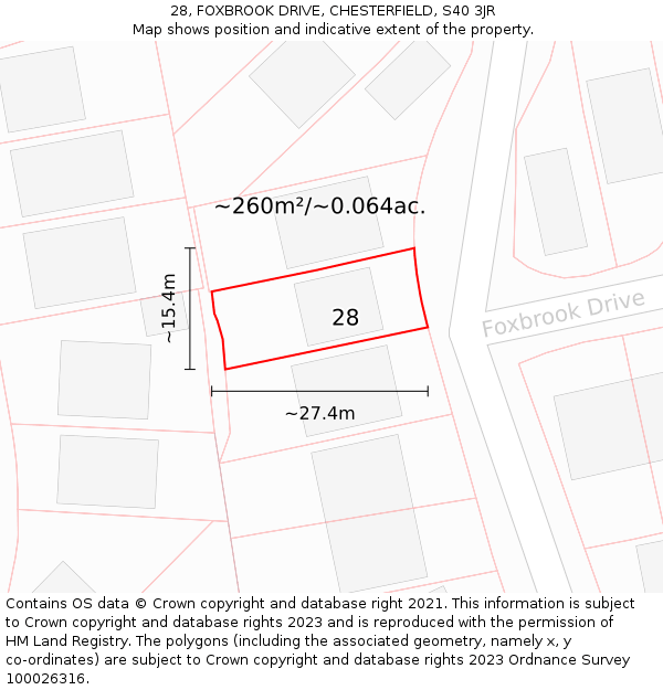 28, FOXBROOK DRIVE, CHESTERFIELD, S40 3JR: Plot and title map