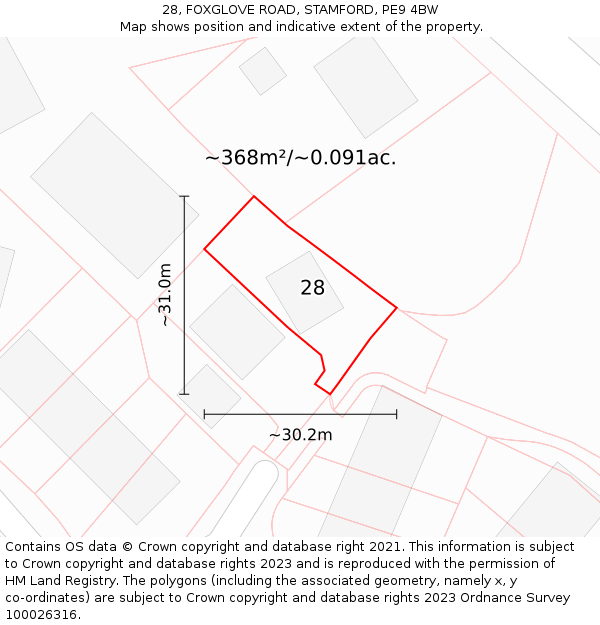 28, FOXGLOVE ROAD, STAMFORD, PE9 4BW: Plot and title map