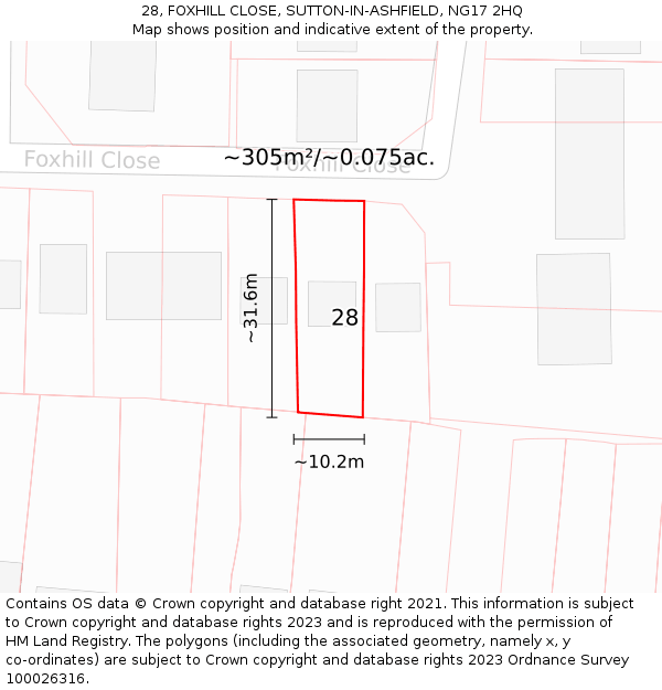 28, FOXHILL CLOSE, SUTTON-IN-ASHFIELD, NG17 2HQ: Plot and title map