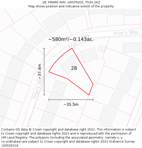 28, FRIARS WAY, HASTINGS, TN34 2AZ: Plot and title map