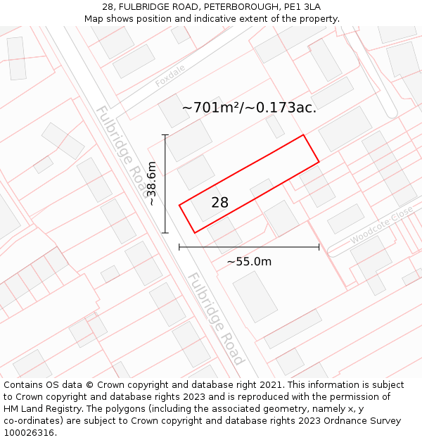 28, FULBRIDGE ROAD, PETERBOROUGH, PE1 3LA: Plot and title map