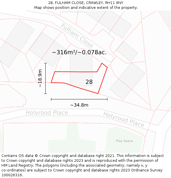 28, FULHAM CLOSE, CRAWLEY, RH11 9NY: Plot and title map