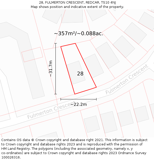 28, FULMERTON CRESCENT, REDCAR, TS10 4NJ: Plot and title map