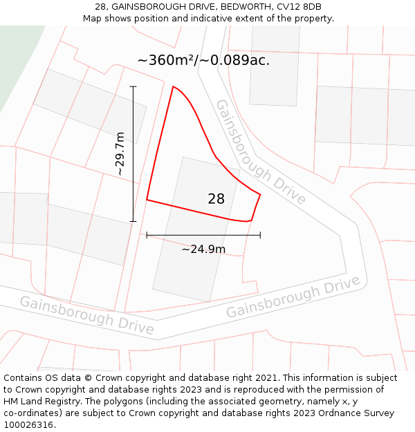 28, GAINSBOROUGH DRIVE, BEDWORTH, CV12 8DB: Plot and title map