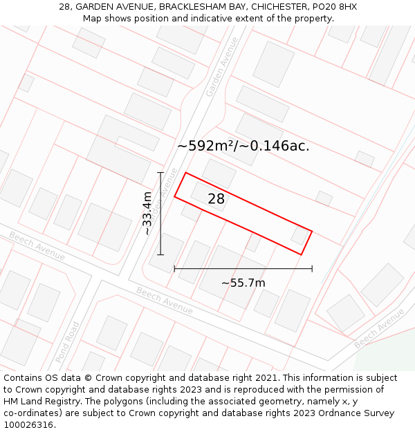 28, GARDEN AVENUE, BRACKLESHAM BAY, CHICHESTER, PO20 8HX: Plot and title map