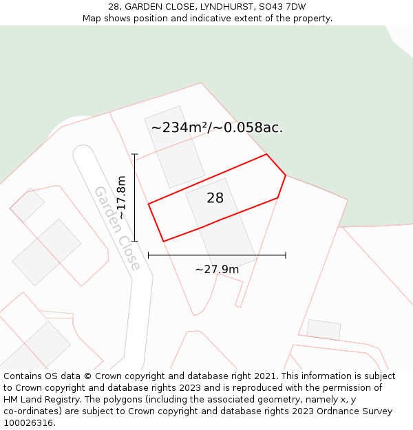 28, GARDEN CLOSE, LYNDHURST, SO43 7DW: Plot and title map