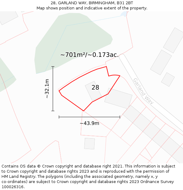 28, GARLAND WAY, BIRMINGHAM, B31 2BT: Plot and title map