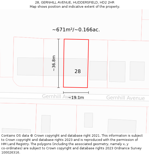 28, GERNHILL AVENUE, HUDDERSFIELD, HD2 2HR: Plot and title map