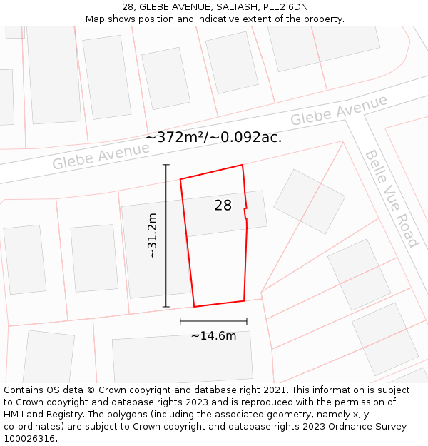 28, GLEBE AVENUE, SALTASH, PL12 6DN: Plot and title map