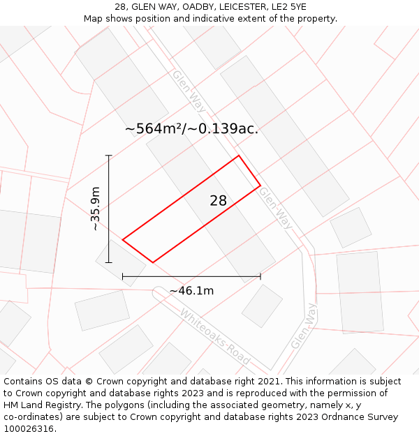 28, GLEN WAY, OADBY, LEICESTER, LE2 5YE: Plot and title map