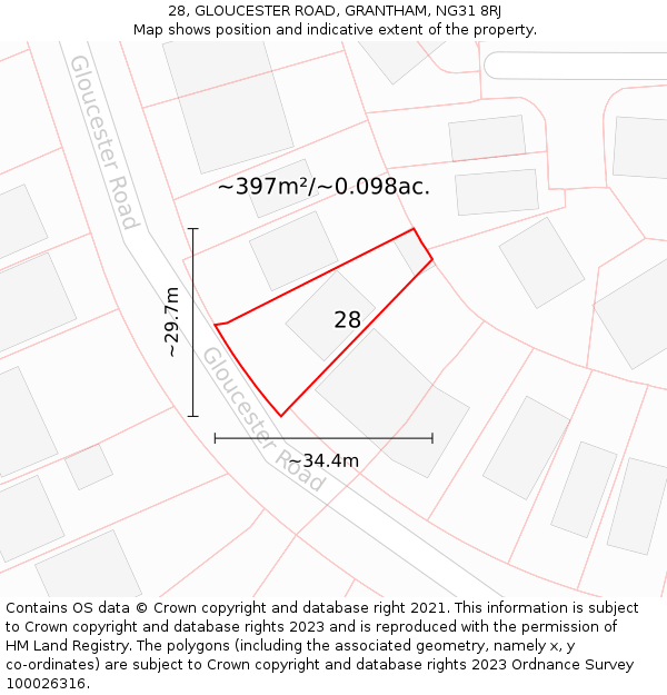 28, GLOUCESTER ROAD, GRANTHAM, NG31 8RJ: Plot and title map