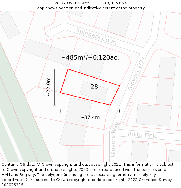 28, GLOVERS WAY, TELFORD, TF5 0NX: Plot and title map