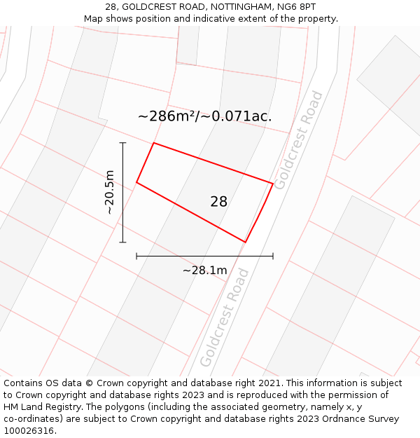 28, GOLDCREST ROAD, NOTTINGHAM, NG6 8PT: Plot and title map