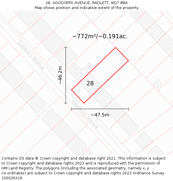 28, GOODYERS AVENUE, RADLETT, WD7 8BA: Plot and title map