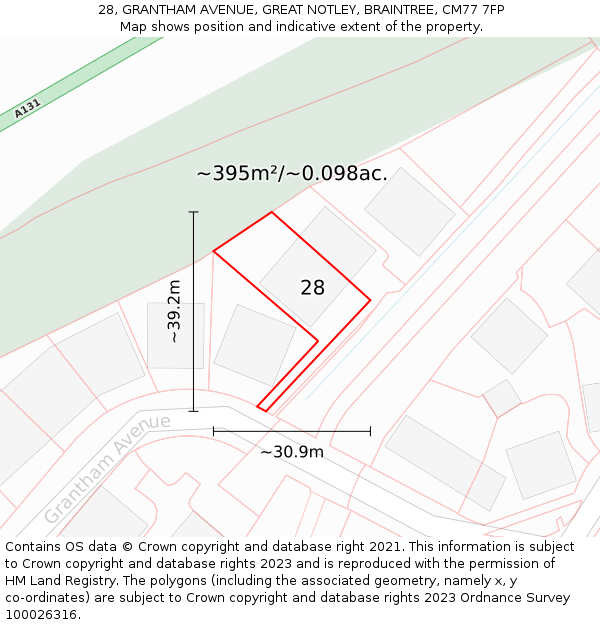 28, GRANTHAM AVENUE, GREAT NOTLEY, BRAINTREE, CM77 7FP: Plot and title map