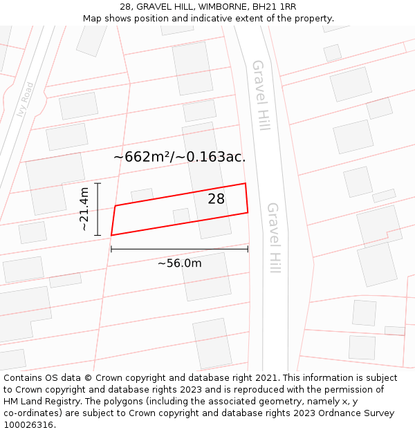 28, GRAVEL HILL, WIMBORNE, BH21 1RR: Plot and title map