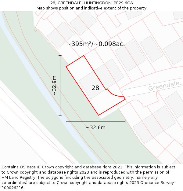 28, GREENDALE, HUNTINGDON, PE29 6GA: Plot and title map