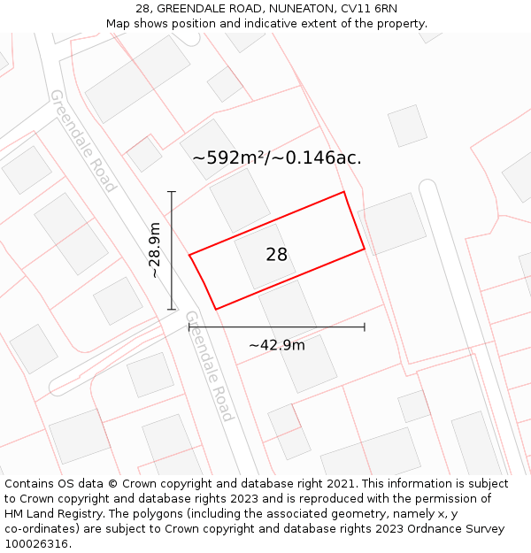 28, GREENDALE ROAD, NUNEATON, CV11 6RN: Plot and title map