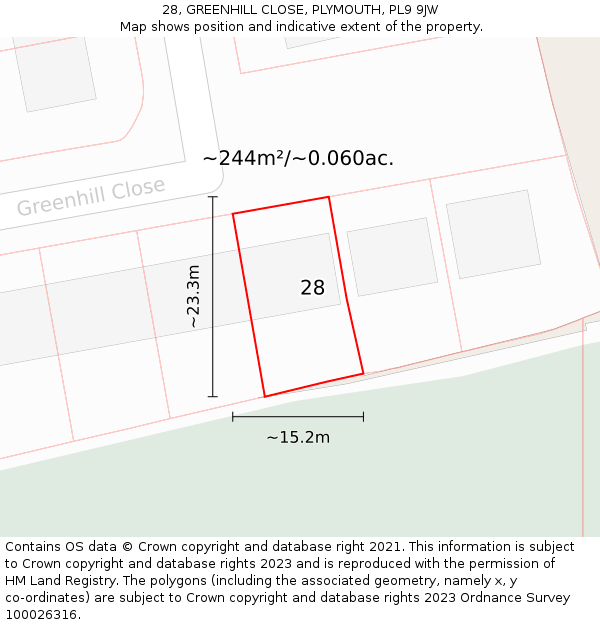 28, GREENHILL CLOSE, PLYMOUTH, PL9 9JW: Plot and title map